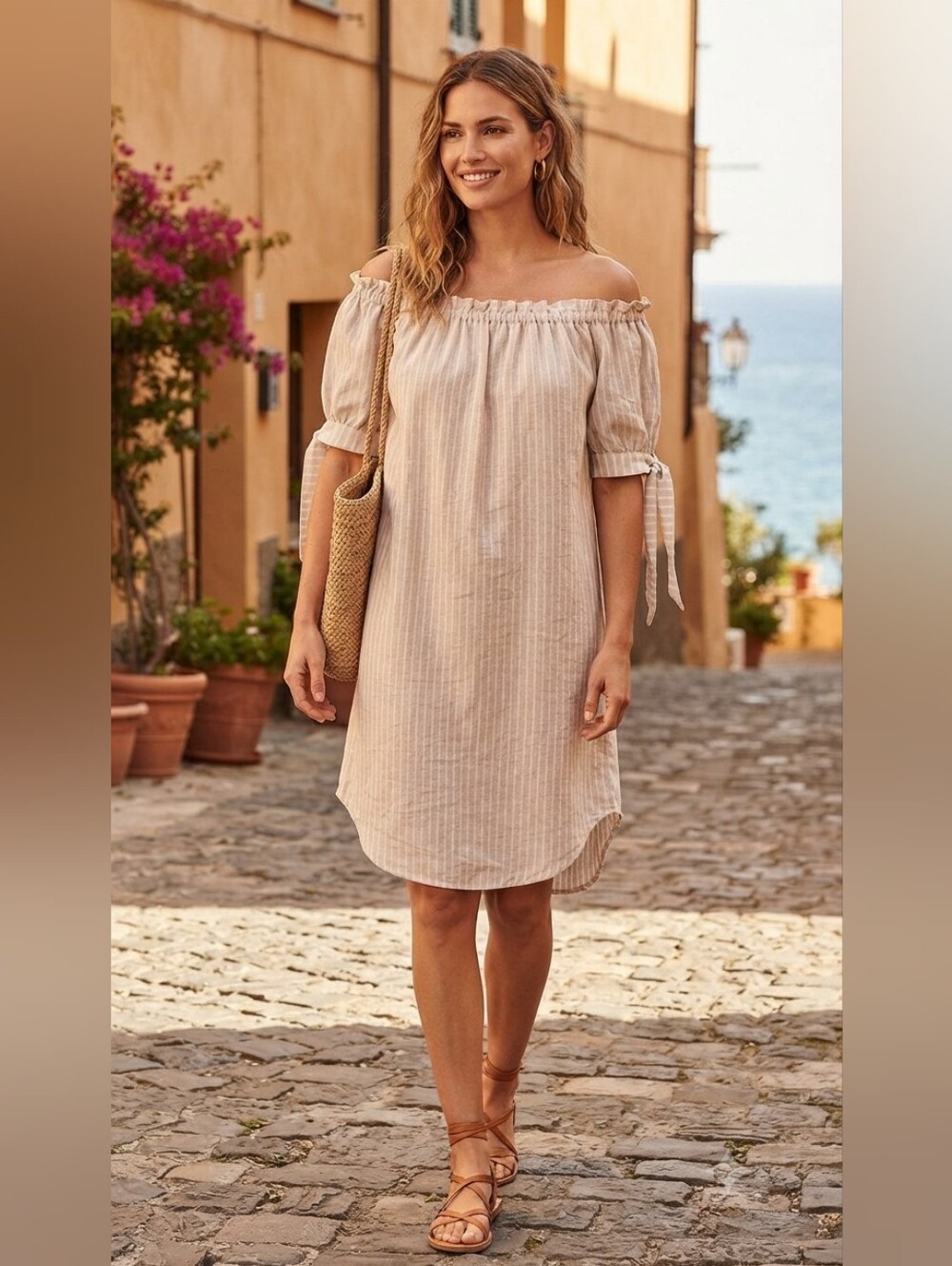 Vanessa Alexandra Striped Linen Off-The-Shoulder Dress / Tunic – Size L